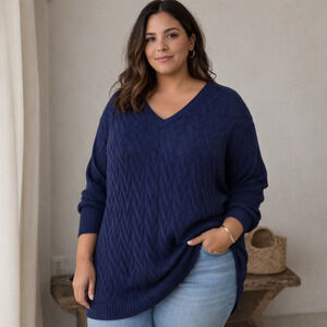 Lands End Sweater Women's 3X 100% Cotton Knit V Neck Long Sleeve Navy Classic